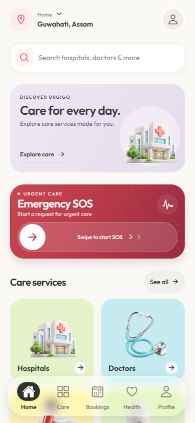 Urgigo patient app home screen with everyday care categories and Emergency SOS; development preview